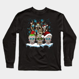 Tree Mexican Flower Sugar Skull Santa In Snow Long Sleeve T-Shirt